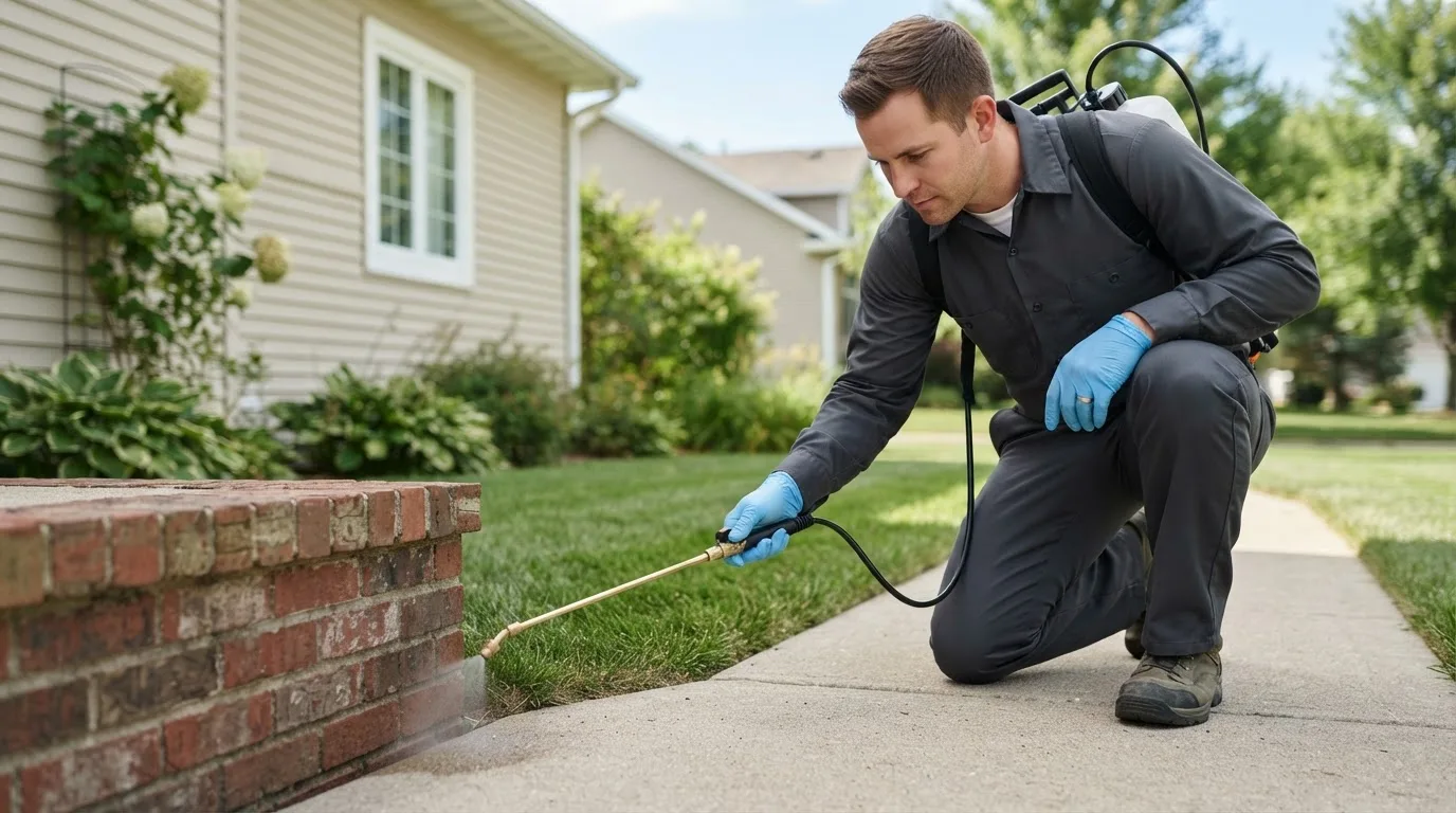 Pest control technician treating a home near Nixa, MO